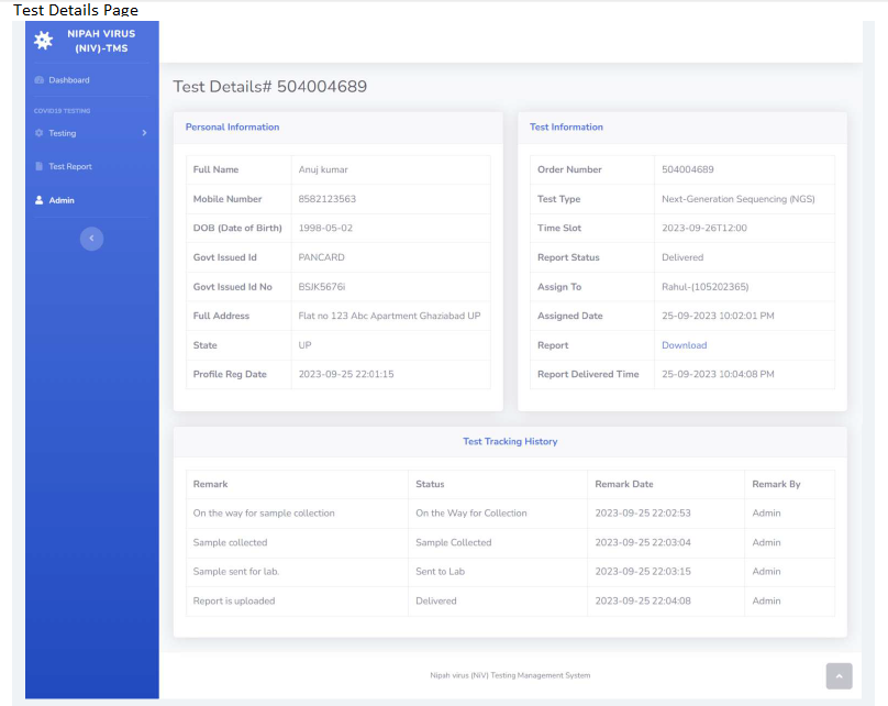 NIPAH VIRUS (NIV) - TESTING MANAGEMENT SOFTWARE