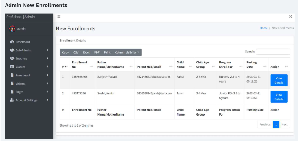 PRE-SCHOOL ENROLLMENT SOFTWARE